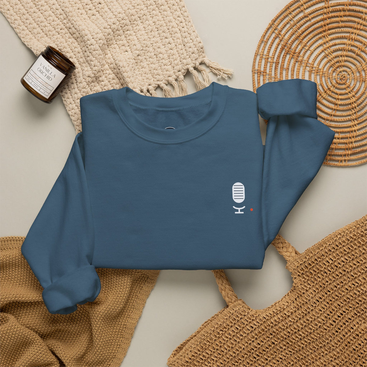 Crewneck Sweatshirt — Minimal Microphone Logo Orange Pullover