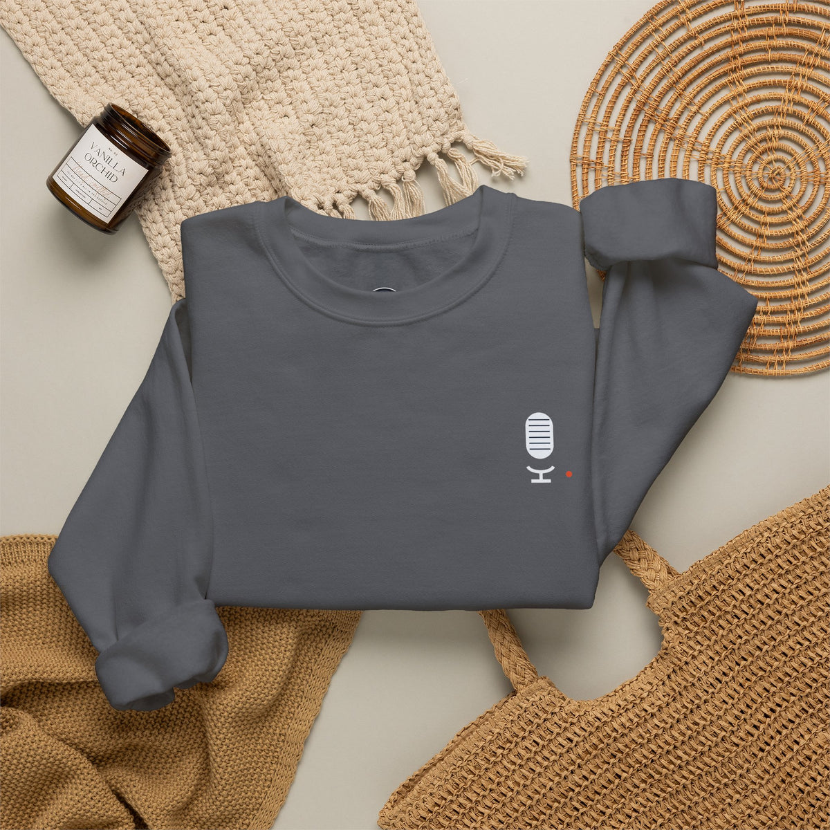 Crewneck Sweatshirt — Minimal Microphone Logo Orange Pullover