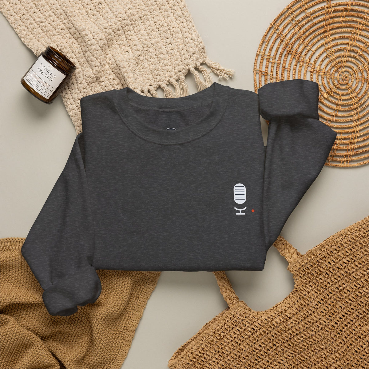 Crewneck Sweatshirt — Minimal Microphone Logo Orange Pullover