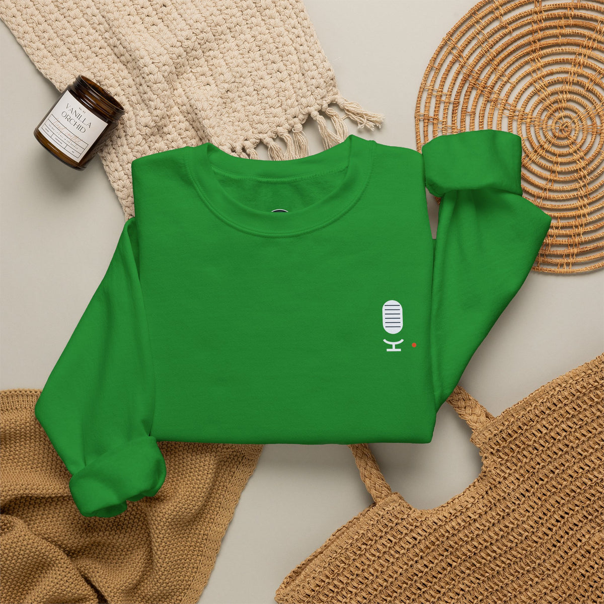 Crewneck Sweatshirt — Minimal Microphone Logo Orange Pullover