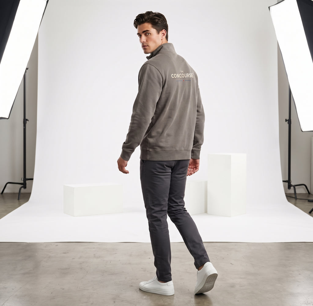Half-Zip Sweatshirt — Minimal 'Concourse' Logo Faded Relaxed Pullover