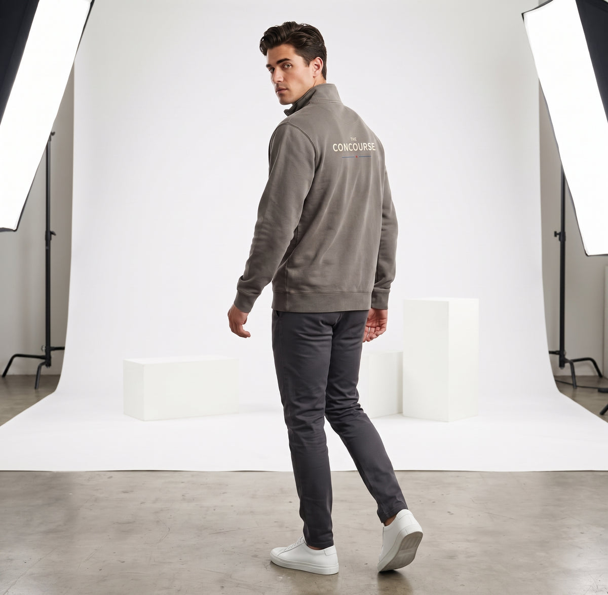 Half-Zip Sweatshirt — Minimal 'Concourse' Logo Faded Relaxed Pullover
