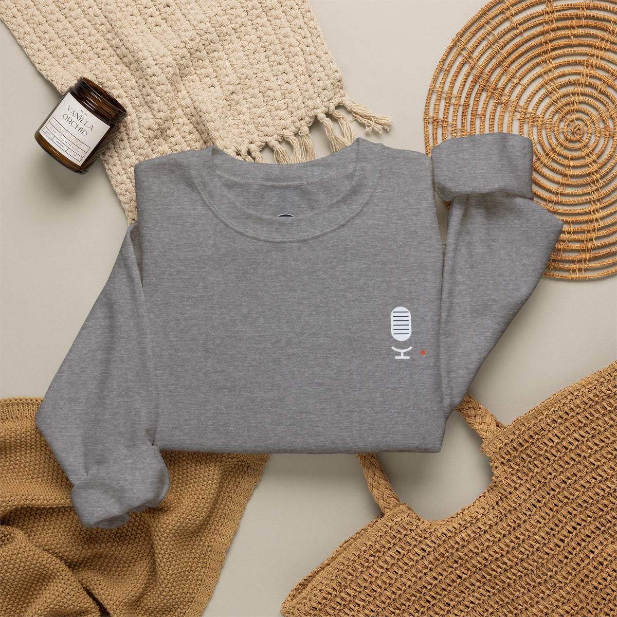 Crewneck Sweatshirt — Minimal Microphone Logo Orange Pullover