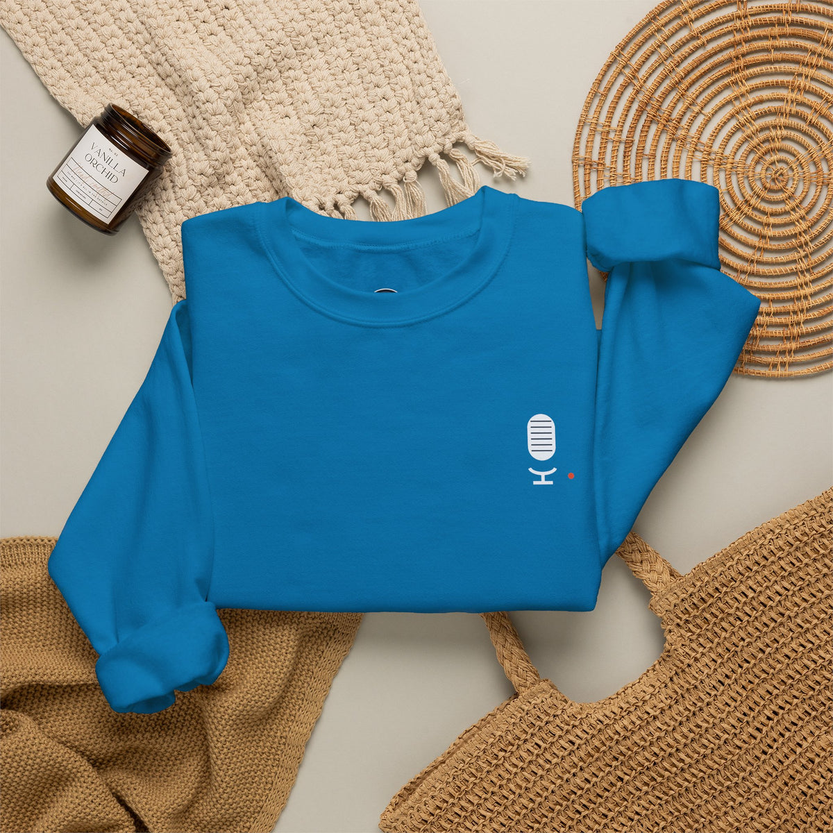 Crewneck Sweatshirt — Minimal Microphone Logo Orange Pullover