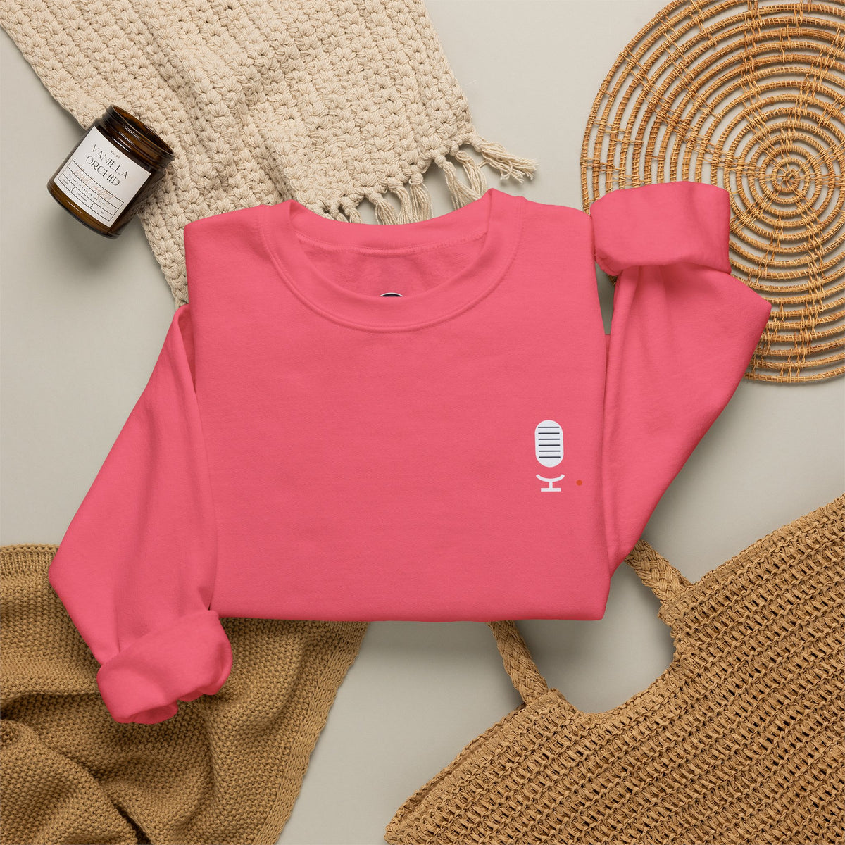 Crewneck Sweatshirt — Minimal Microphone Logo Orange Pullover