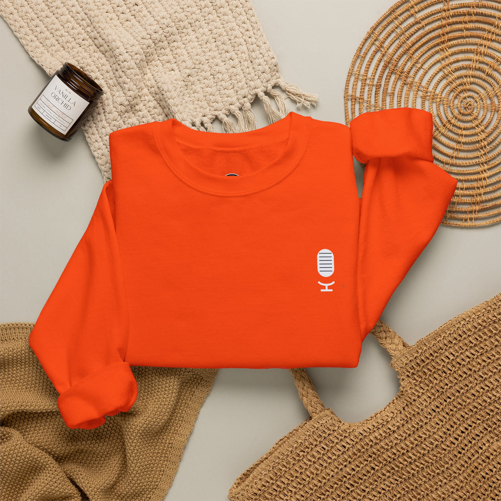 Crewneck Sweatshirt — Minimal Microphone Logo Orange Pullover